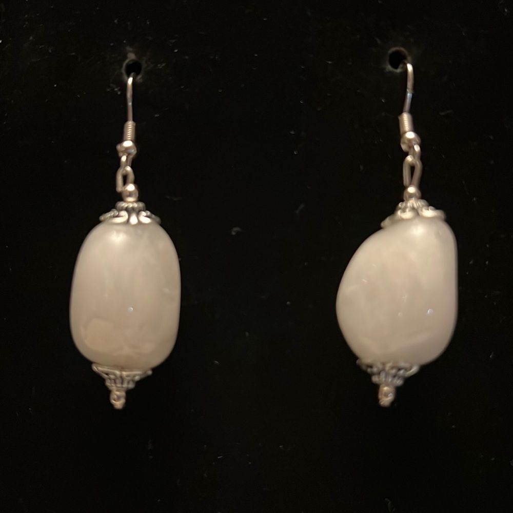NWT WHITE stone earrings with silver tone detail